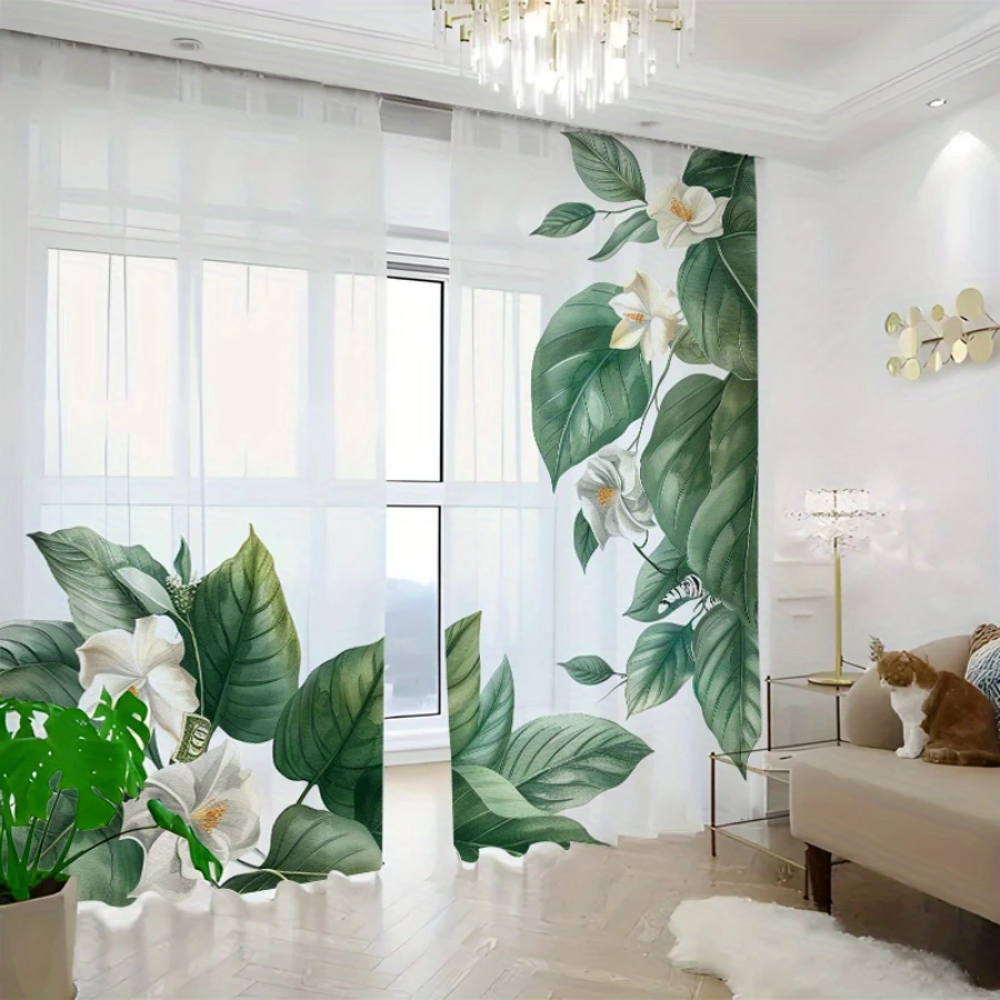 2PCS Digital Printed Sheer Curtain, Forest Island White Lotus, Zen Botanical Water Flower for Living Room Bedroom Home Decor