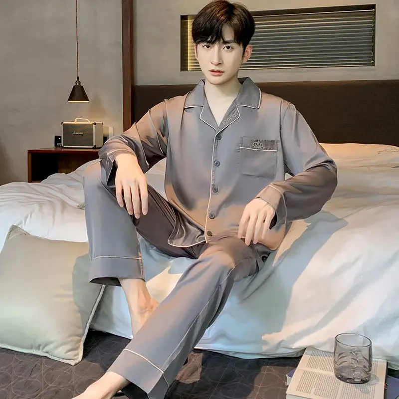 Luxury Brand Silk Sleepwear Men Big Size Pajamas Sets Long Sleeve Button Cardigan Long Pants Loungewear Solid Korean Pajamas