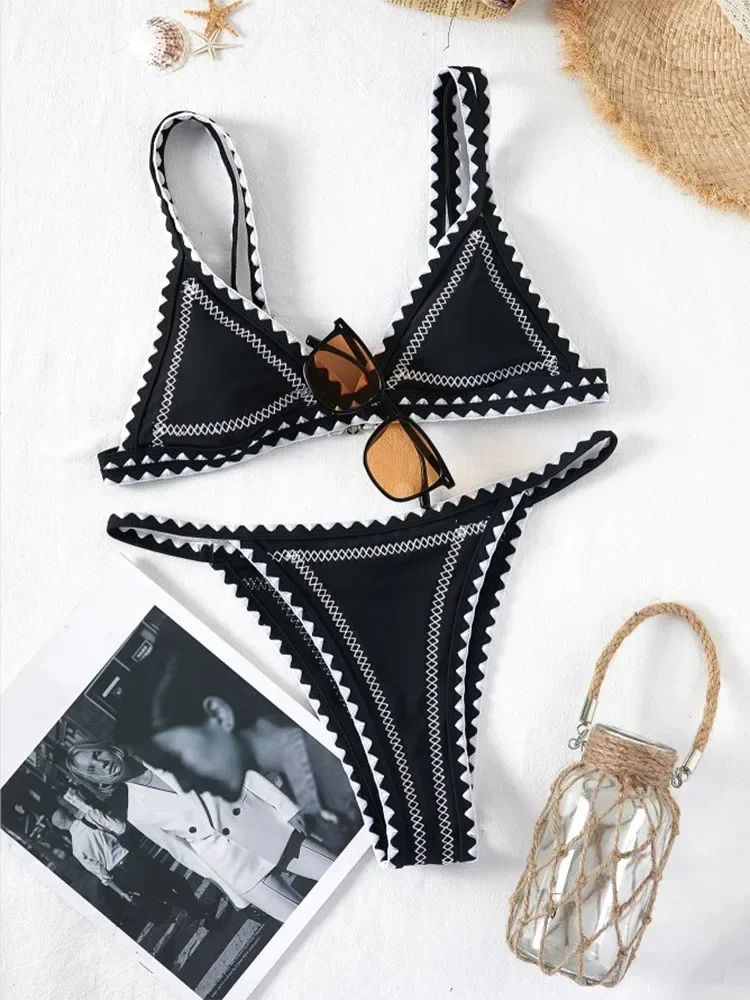 

In-X Solid Black Bikini Set Swimsuit Women 2 Piece Brasilian Cut Bikinis Women's Swimming Suit Triangle Patchwork Swimwear Lady