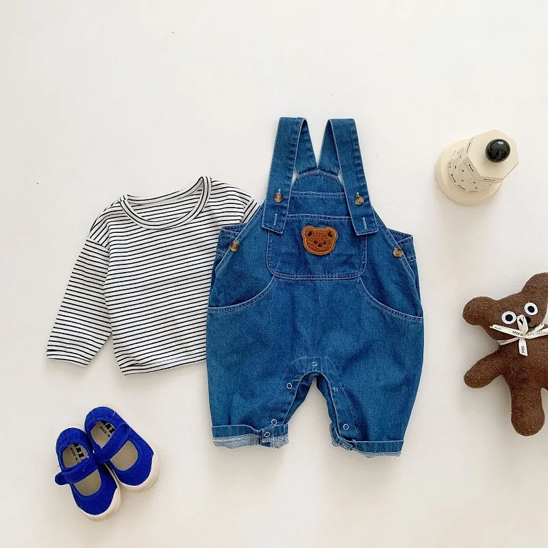 T-shirt Tops Bear Cartoon Denim Suspender Pant Overalls Boy Girl Outfit 0-3Years Newborn Baby Autumn Clothes Long Sleeve Striped