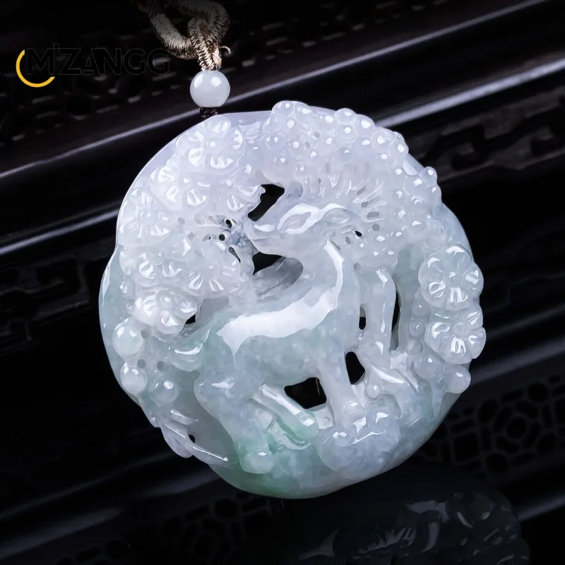 Natural Jadeite Deer Spring Pendant Hollowed-out Carving Exquisite Fashionable High Ice Jade Necklace Unisex A Festival Gift