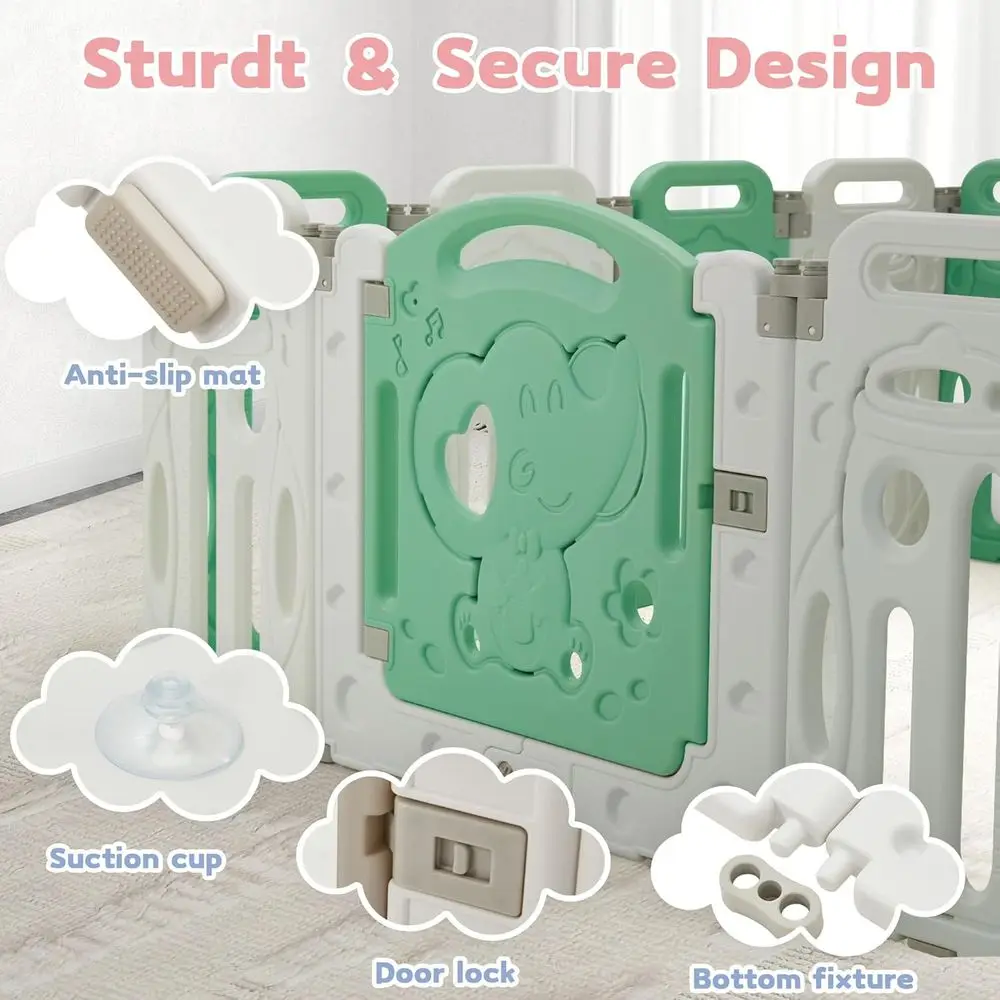 روضة بلاستيكية قابلة للطي مكونة من 14 لوحة مع باب قفل ومشغل موسيقى وهدف كرة القدم وتروس دوارة للأطفال والأطفال الصغار في Li #5