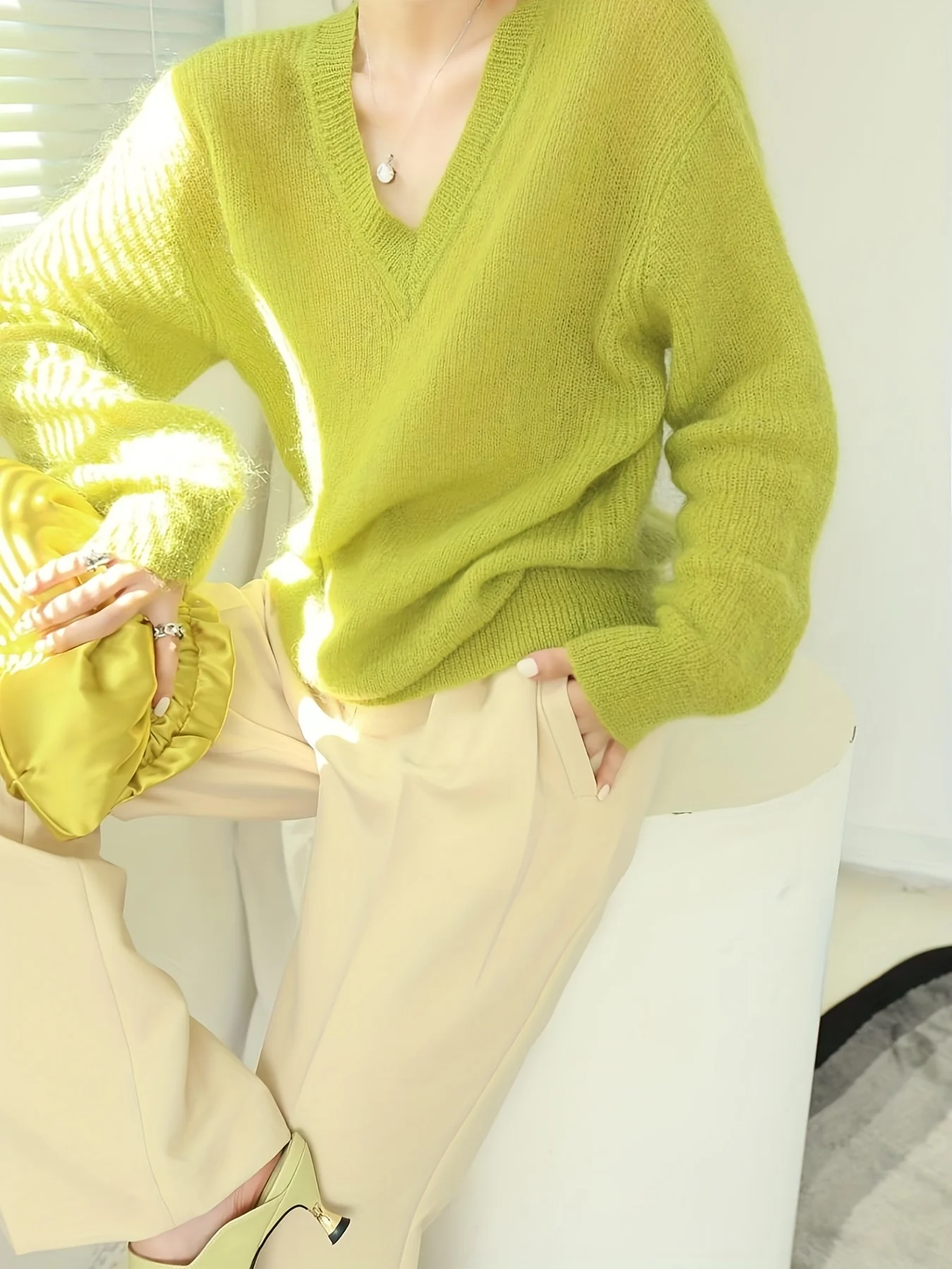 V-neck Fuzzy Loose Sweater, Casual Long Sleeve Fall Spring Knit Sweater, Women's Clothing