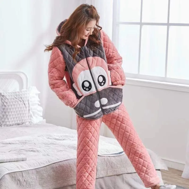 2023 new Pajama Women Winter Thickened Triple Layer Cotton Coral Fleece Warm Cartoon Student Loungewear Set Hooded Sleepwear