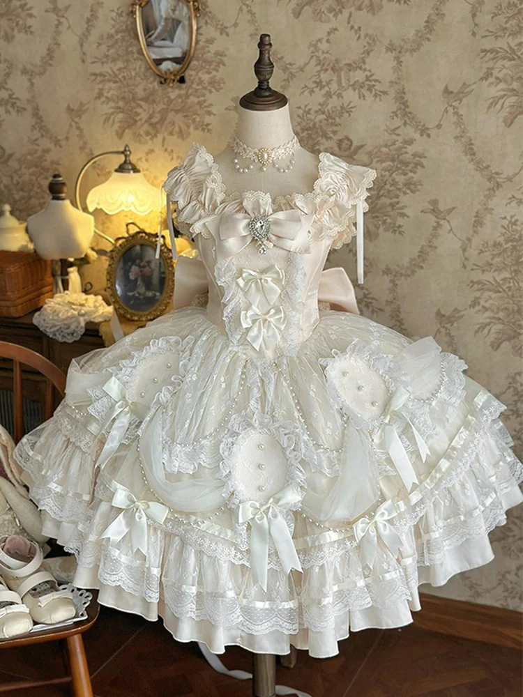 スイートロリータスタイルプリンセスドレス2025新作レディースエレガントフラワーウェディングドレスガールズキュートボウレースエッジヘビーインダストリードレス