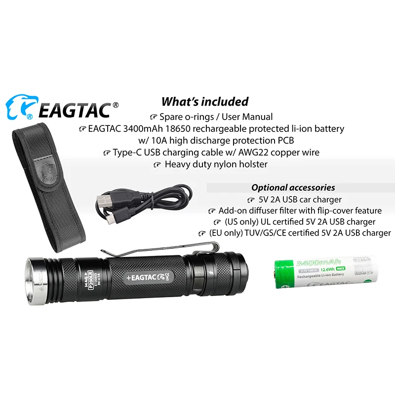 EAGTAC P200LR 2100lm Type-C USB Rechargeable LED Flashlight 18650 519A 4500K 395NM UV SST40 Long Throw Hunting Torch