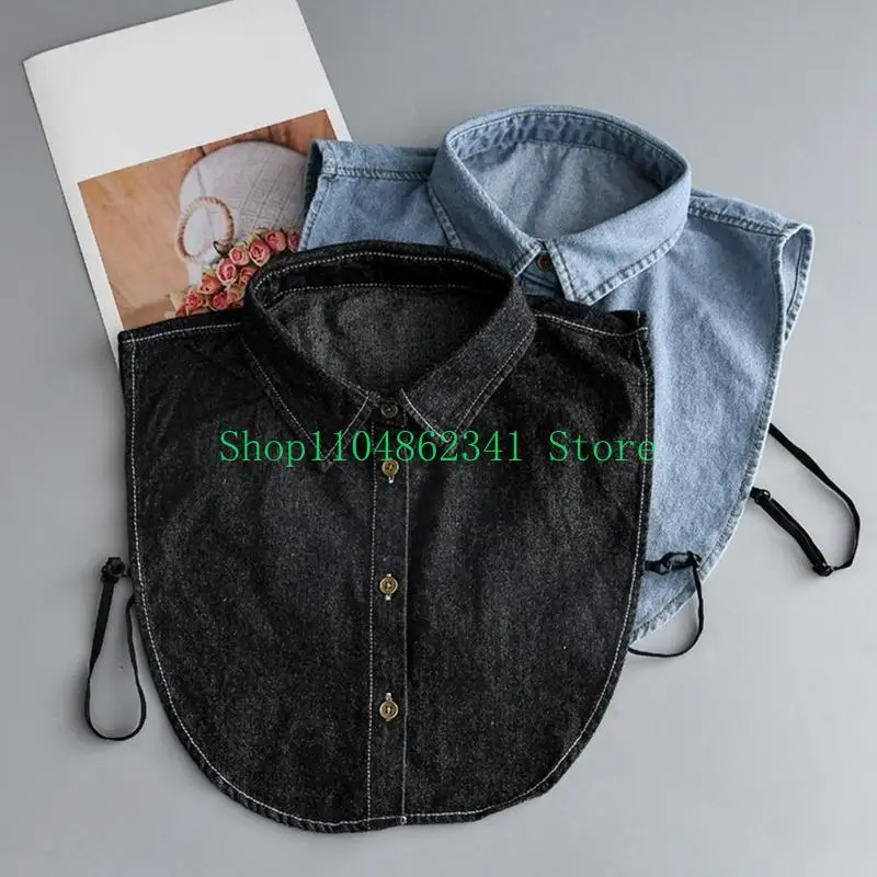 652F Women Vintage Washed Faux Collar Detachable Dickey Button Lapel Half Shirt