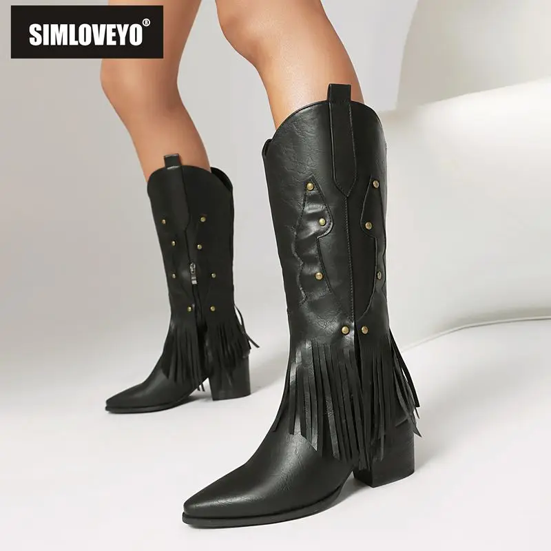 

SIMLOVEYO 2025 New Design Female Mid Calf Boots Pointed Toe Block Heels 6cm Zipper Rivets Tassels Big Size 41 42 43 Retro Bota