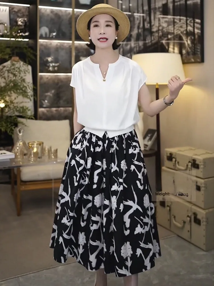 

Women's Summer Faion Set White ort Sve T-irt High Waist Loose Skirt Two-Piece Suit V-Ne Svel Vest Top