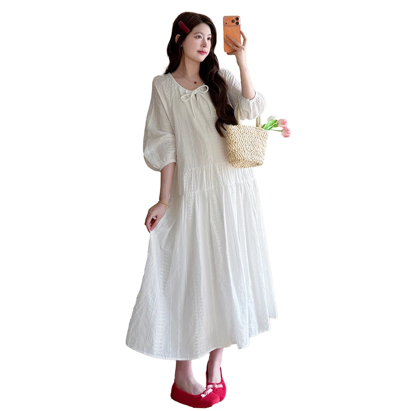 Pregnant Woman Autumn White Lace Dress Fashion Embroidery Elegant Maternity Wedding Dress