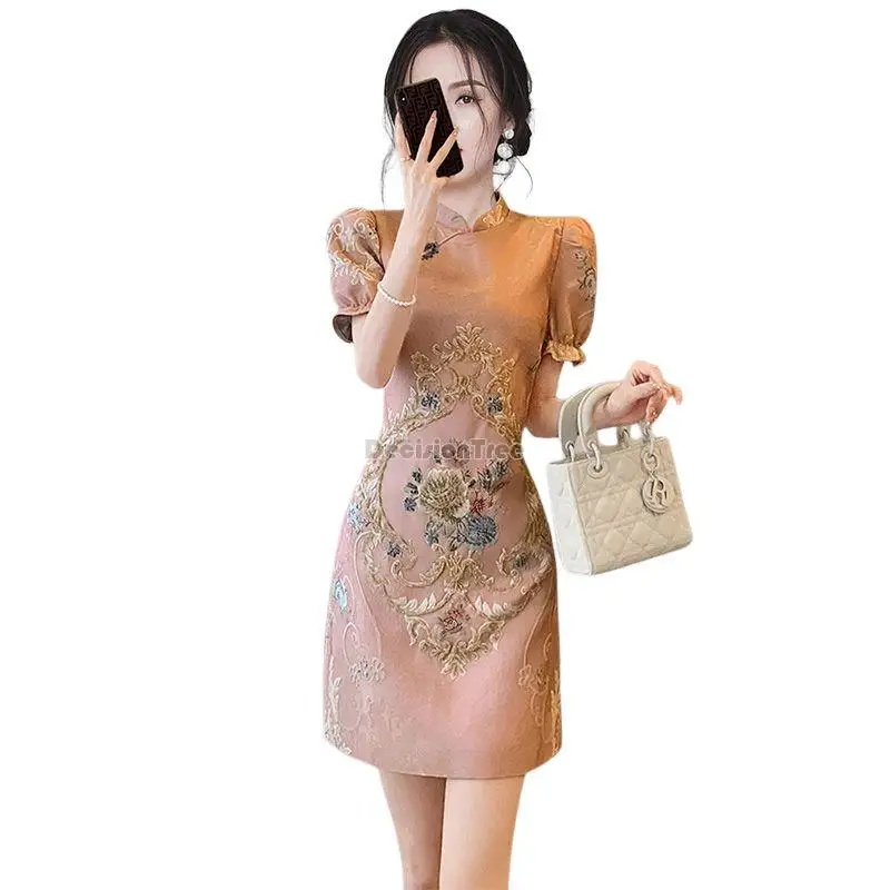 2024 chinese style improved cheongsam dress vintage style women\'s dress chinoiserie retro embroidery a-line skirt floral qipao