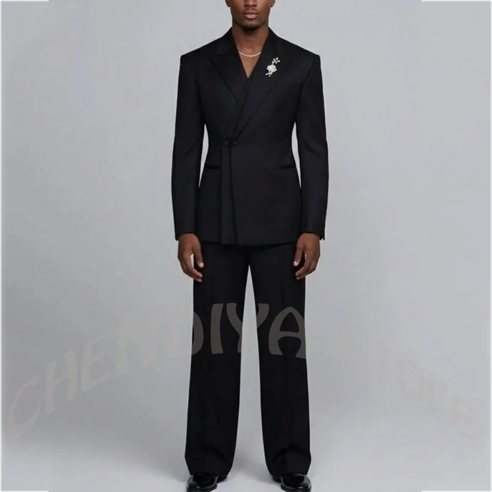 Luxury Groom Tuxedo Suit For Men Black Asymmetric Two Button Peak Lapel Slim Blazer Prom Stage Wedding Dinner Elegant Outfit