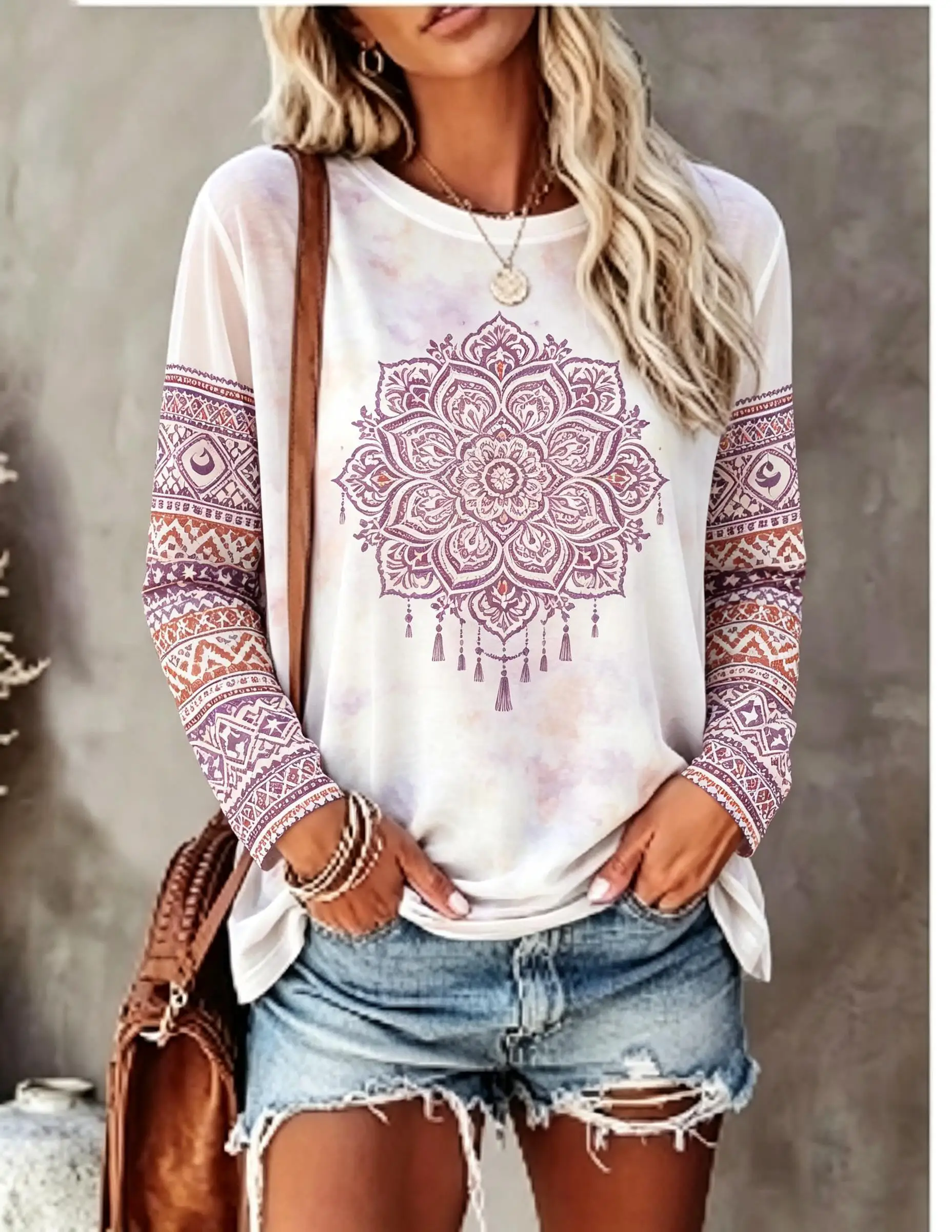 Women Long Sleeve T Shirt Boho Mandala Floral Ethnic Geometric Print Crew Neck Casual Fall Tops