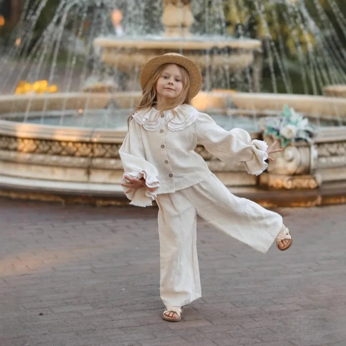 2025 Baby Girls' Spring and Autumn New Style Suit Casual Flared Sleeve Shirt and Wide Leg Pants Kids Two-piece Set