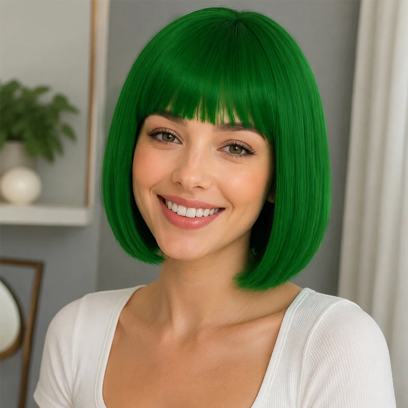 Trendy 12-inch wig with full, straight bangs made of synthetic material, perfect for fashion enthusiasts.