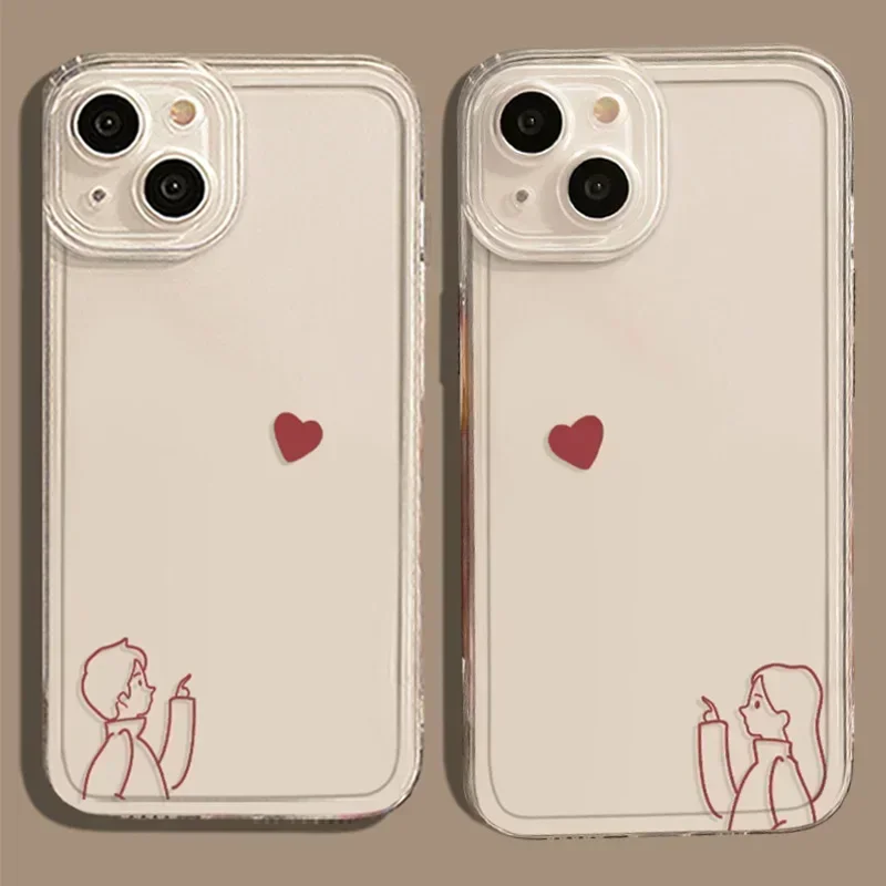 심플 라인 클리어 커플 페어링 전화 케이스 iPhone 15 16 13 11 12 14 Pro Max 13Mini XR SE3 14 Plus Lovers 소프트 커버 Fundas
