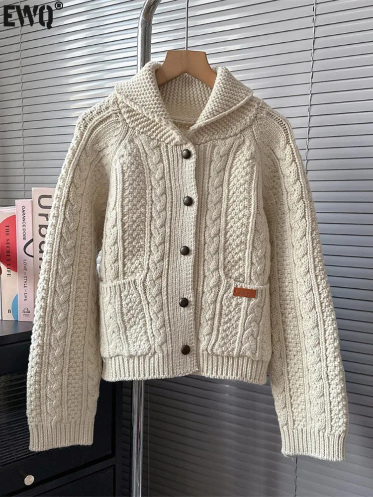 

[EWQ] Lapel Single Breasted Twists Stripes Knitted Cardigan Sweater Coat Warm Thick Women's Jumper 2024 Autumn Winter 16U6881