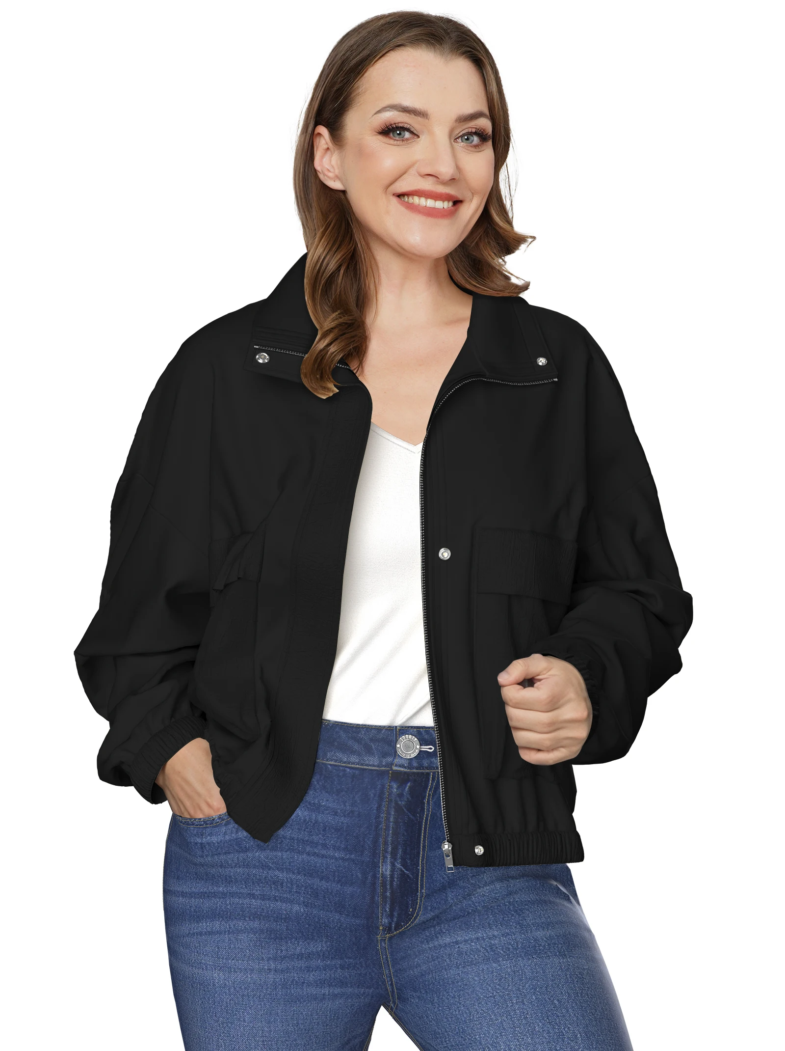 

Flycurvy Casual Jackets for Women Zip Up Cropped Bomber Jackets Windbreaker Fall Outfits for Women Dressy Causal