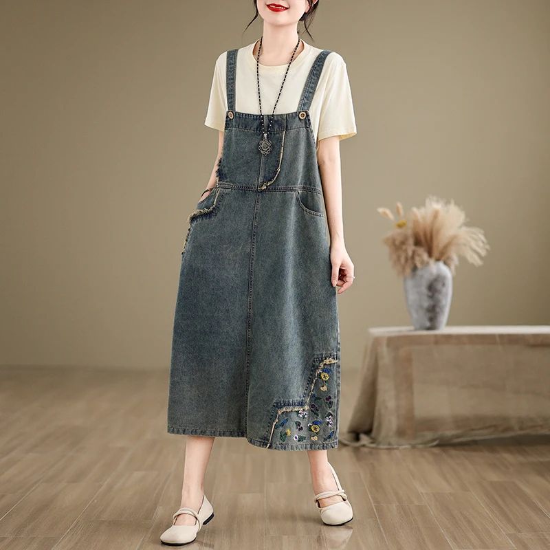 Denim Strapper Skirt 2024 New Relaxed Casual Fashion Embroidered Artistic Strapper Skirt