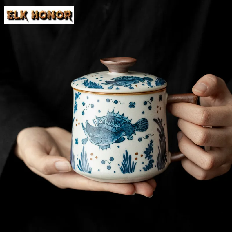 330ml Ru Kiln Fish Algae Pattern Coffee Mug Hot Chocolate Cup Afternoon Tea Mug Household Office Water Cup Drinkware Decoration