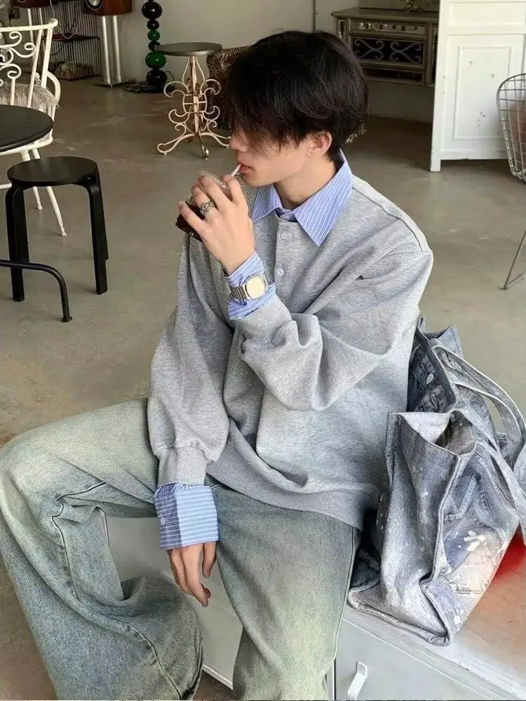 

American Retro Patchwork Collar Sweatirt Men's Loose Casual Overhead Top Street Sle High Faion Autumn Trendy Couple Wear