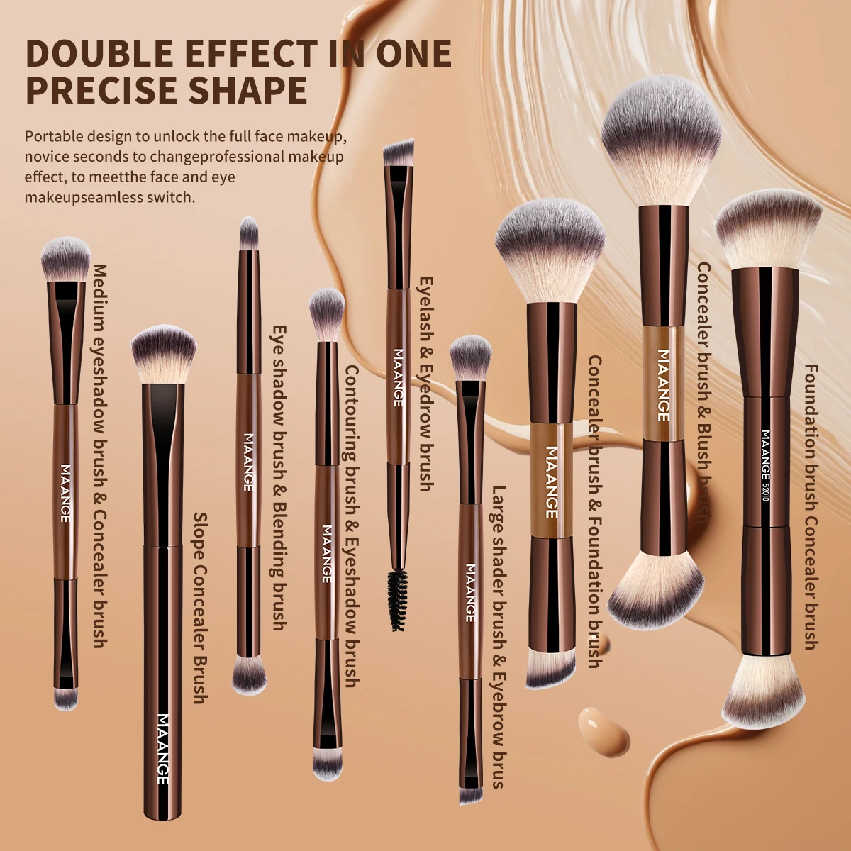 MAANGE 9 Uds. Brochas de maquillaje marrones, base correctores de doble punta, colorete, sombras de ojos, brochas para mezclar crema líquida en polvo