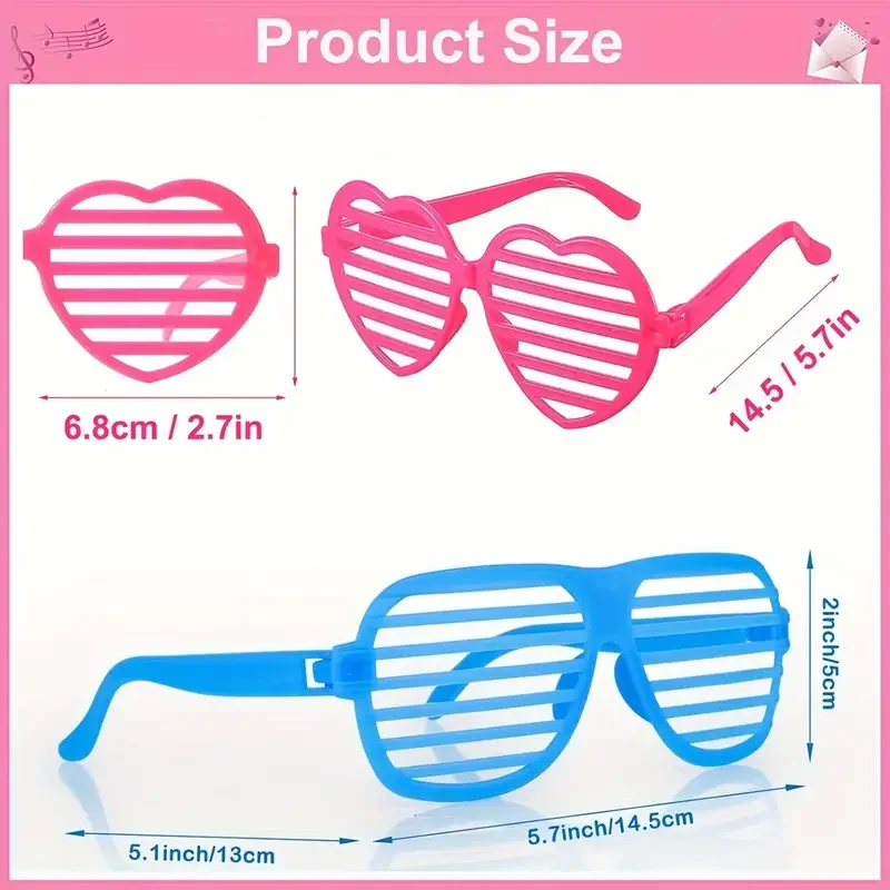 6pcs Neon Color Shutter Shadeds Glasses Vintage Plastic Heart Shades Sunglasses for 80s 90s Retro Party Favors Birthday Decor