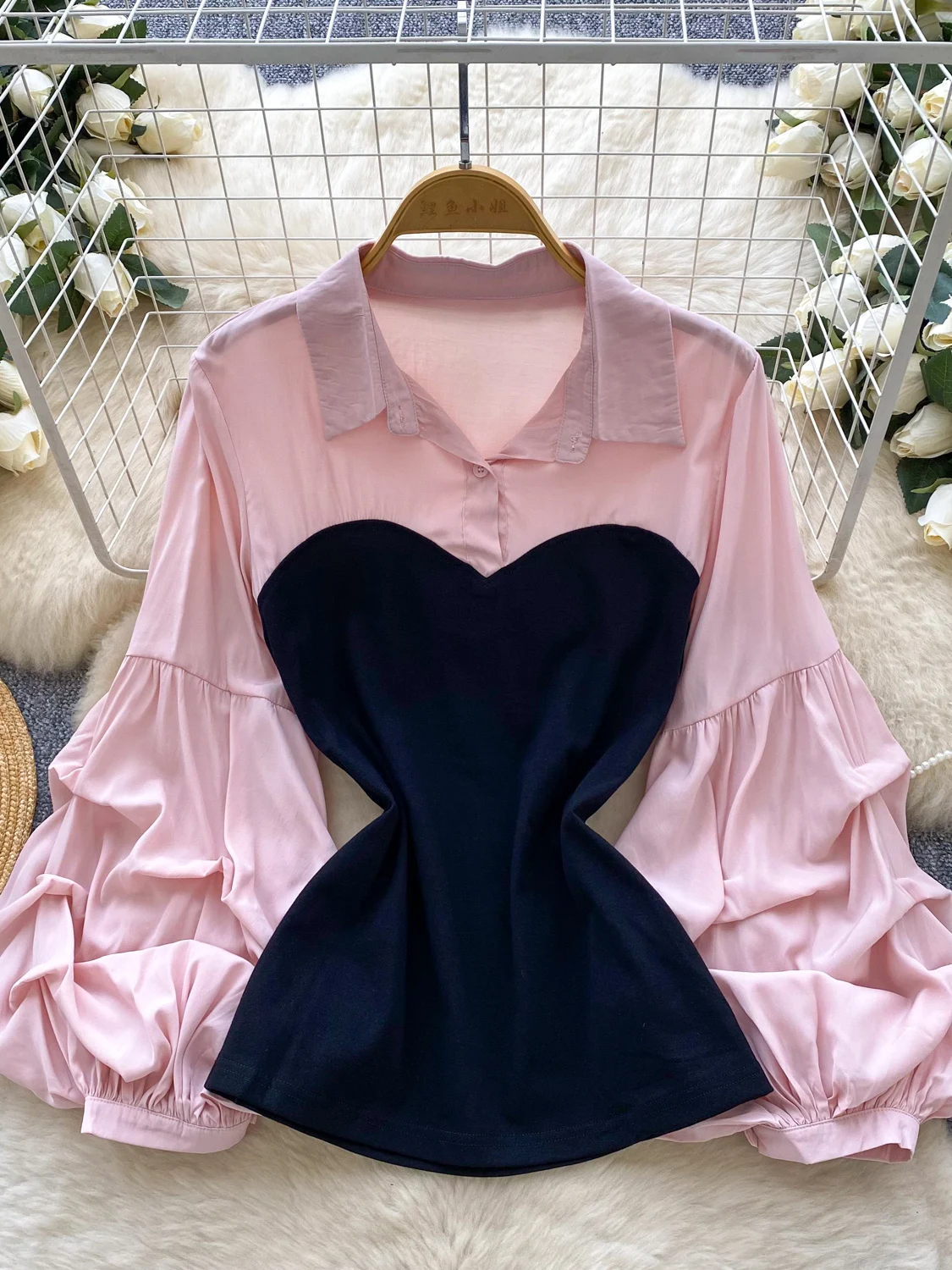 

Foamlina, женская элегантная лоскутная рубашка, весна-осень 2022, воротник с лацканами, рукав-фонарик, тонкий пуловер, блузка, повседневная повседневная одежда