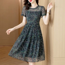 Fashion Floral Silk Casual Female Clothing Summer Short Sleeve V-Neck Loose Waist Bandage Dresss Korean Vintage Night Dress
