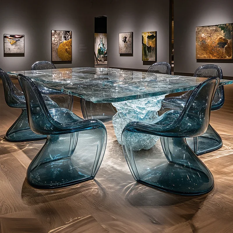 High-end style luxury new design transparent resin rounded corner rectangular dining table, suitable for hotels and restaurants