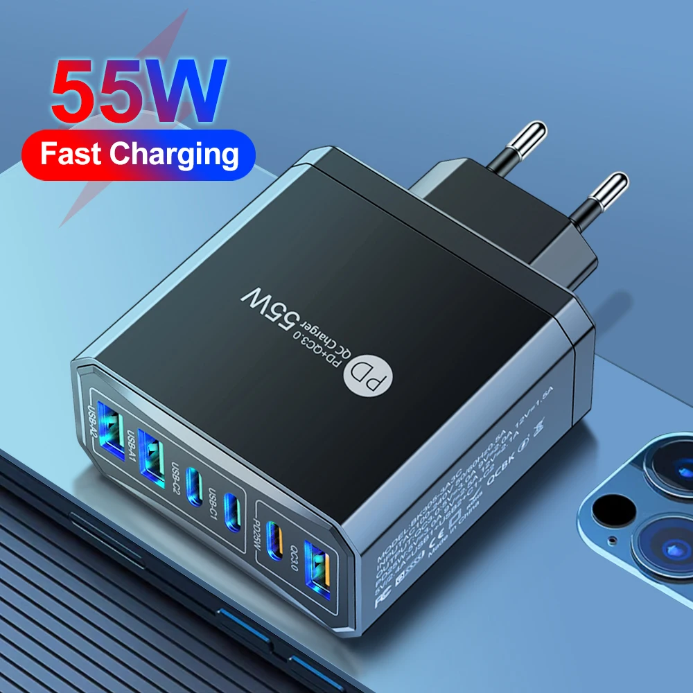 55W 3 Ports USB 3 PD Charger Charging Adapter For Xiaomi iPhone 16 14 13 Samsung Mobile Phone Plug Charging QC 3.0 Wall Charger