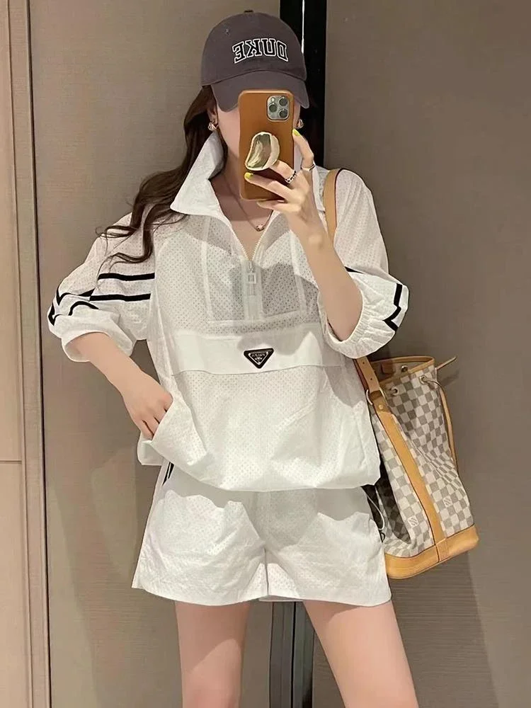 Fashion 2Pcs Oversize Women Sweat Suit Set Thin Long Sleeve 2023 New Sunscreen Coat Top and Shorts Two Piece Set White Outfits