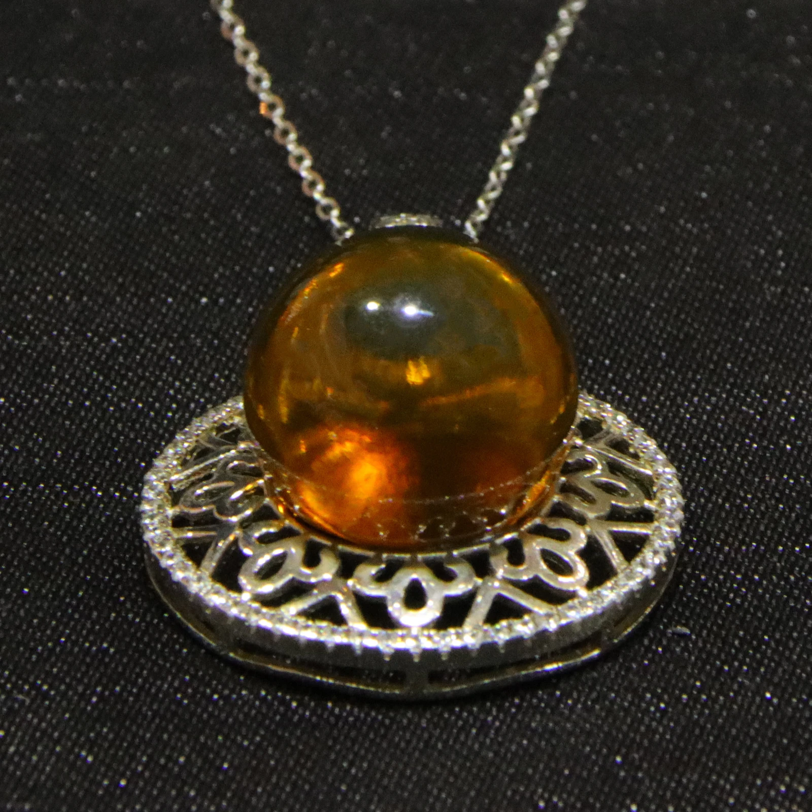 Pure Silver Pendant with Natural Mexican Blue Amber 14mm Round Filigree Hollow Carving Craft Includes Sterling Silver Necklace