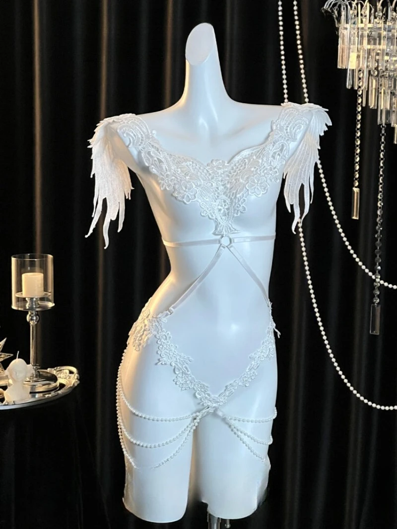 Angel Embroidered Mesh One-Piece Uniform,Pure Desire Light Mature Lace Robe Set,Romantic QQNY Lingerie for Women