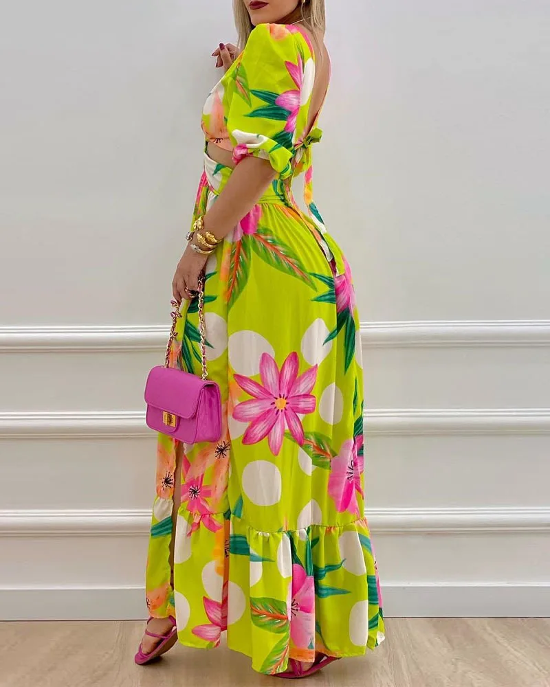 Vintage Tropical Print O-Ring Twist Slit Thigh Maxi Dress Women 2022 Summer Fashion New Sexy Cutout Short Sleeve Long Dresses