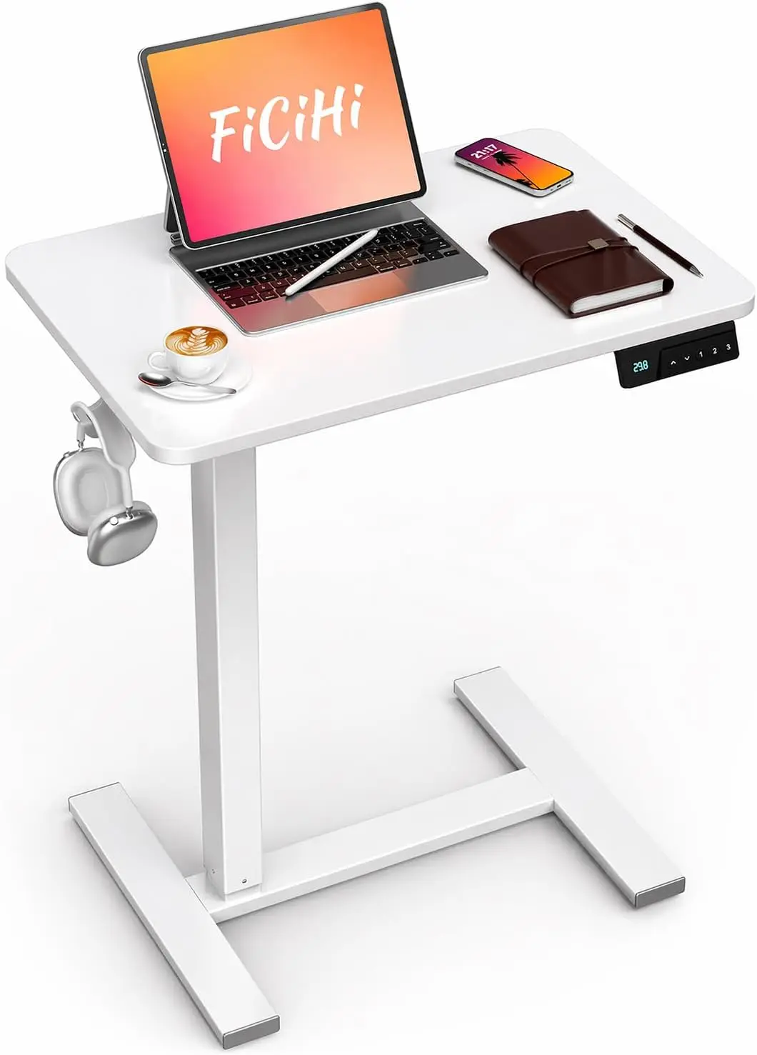 

Small Electric Standing Desk with Wheels, Adjustable Height Mobile Laptop Table for Home Office, 24x16 White