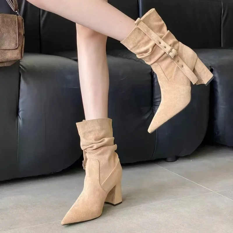 

Pointed Toe Sleeve Heeled Single Boots Fashion Suede Buckle Pleated Anti-Slip Wear-Resistant Booties