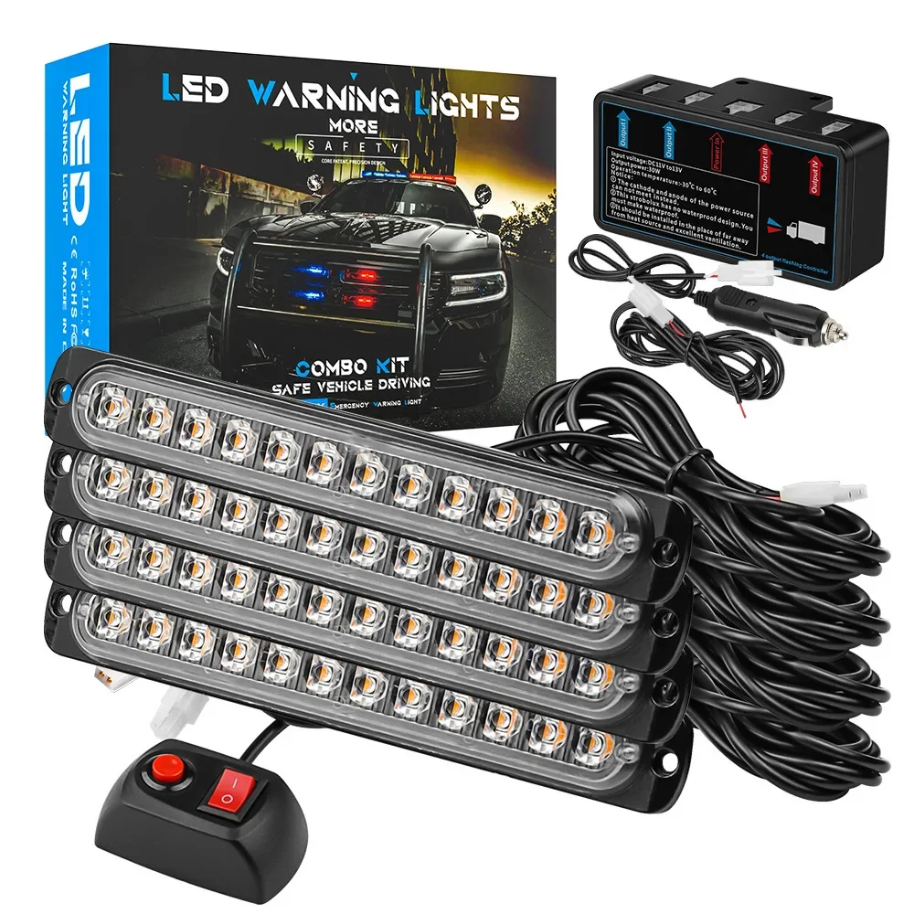 Car grid strobe light one tow four sets 12LED long red and blue warning light ultra-thin flash lane light