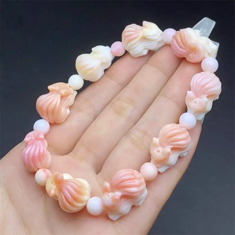 Natural Aliger Gigas Shell Fox Carving Fashion Reiki Gemstone Round Beads Bracelets Jewelry Couple Gift 1PCS