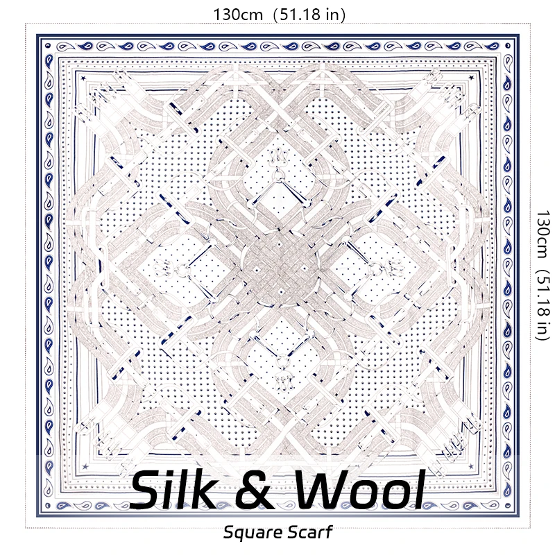 Autumn and Winter Warm Scarf 30% Pure Natural Silk+70% Wool 130x130CM Double-sided digital printing blue shawl pashmina scarf