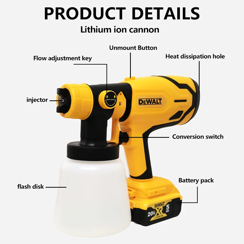 Dewalt Electric Spray Gun Auto Furniture Coating Airbrush Cordless Portable Paint Sprayer For Dewalt 18V 20V Li-ion Battery