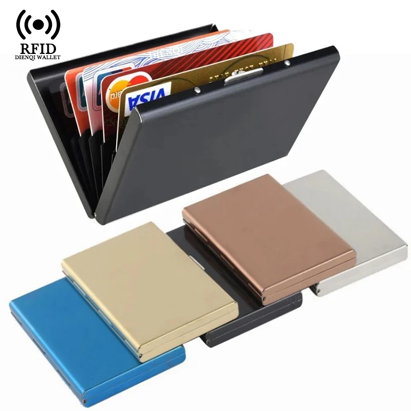 Carteira fina masculina com bloqueio rfid, porta-cartões de metal, bolsa de dinheiro, anti-roubo, porta-cartões de crédito, pequena carteira masculina, bolsa feminina
