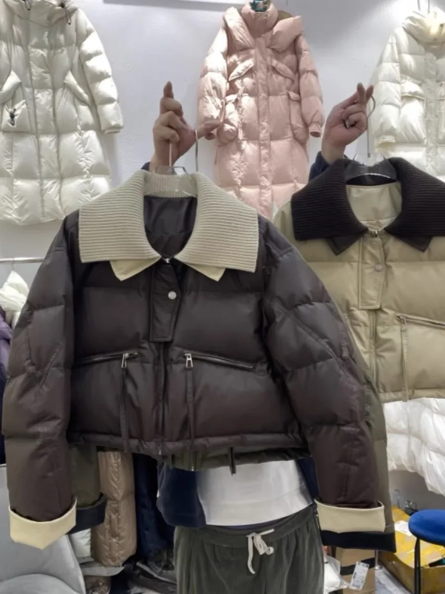 2024 New High-end Designed Warm Knitted Lapel Short Down Jacket Women's Winter Protein Leather Splice Doll Collar Jacket