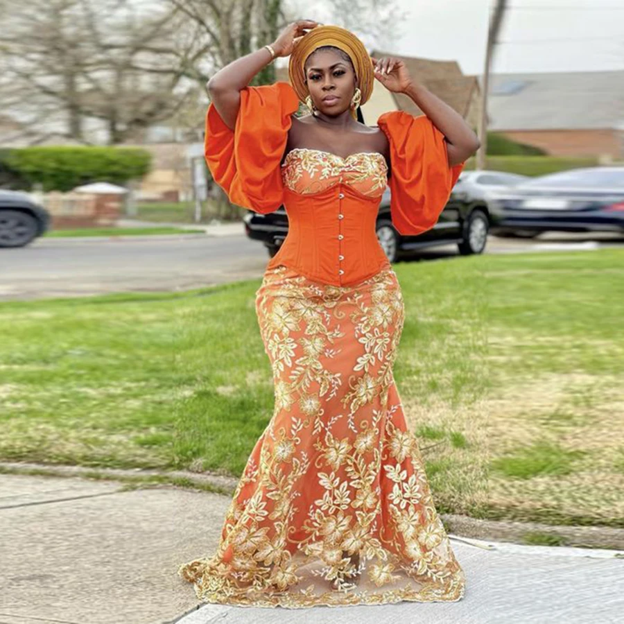 Orange Lace Sweetheart Mermaid Prom Dresses Aso Ebi Arabia Short Sleeves Evening Gowns Robe De Soiree Formal Party Dress