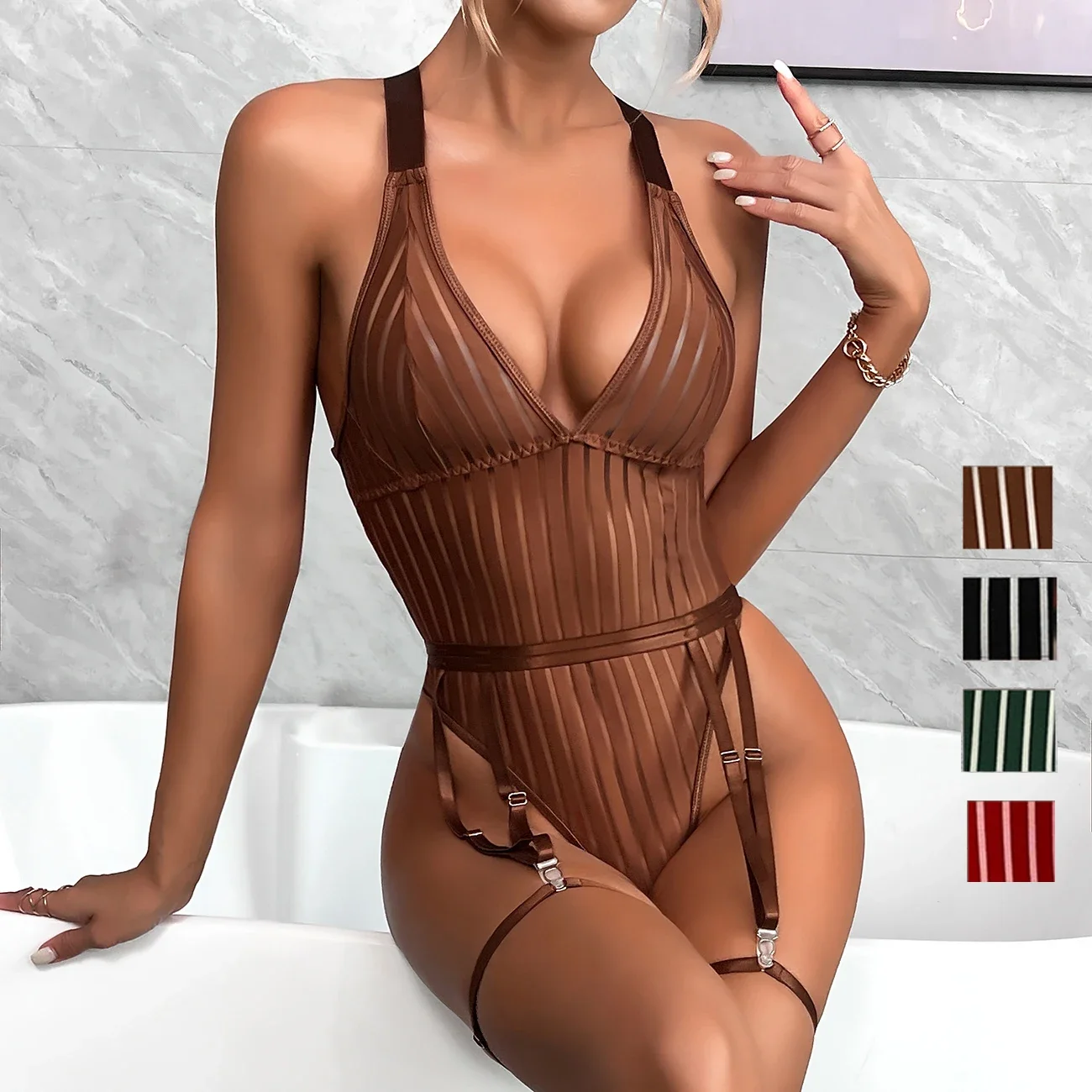 

Sexy Spandex Bodysuit Women Lingerie Porn Stripe Deep V Neck Backless See Through Lace Babydoll Teddies Lenceria Underwear