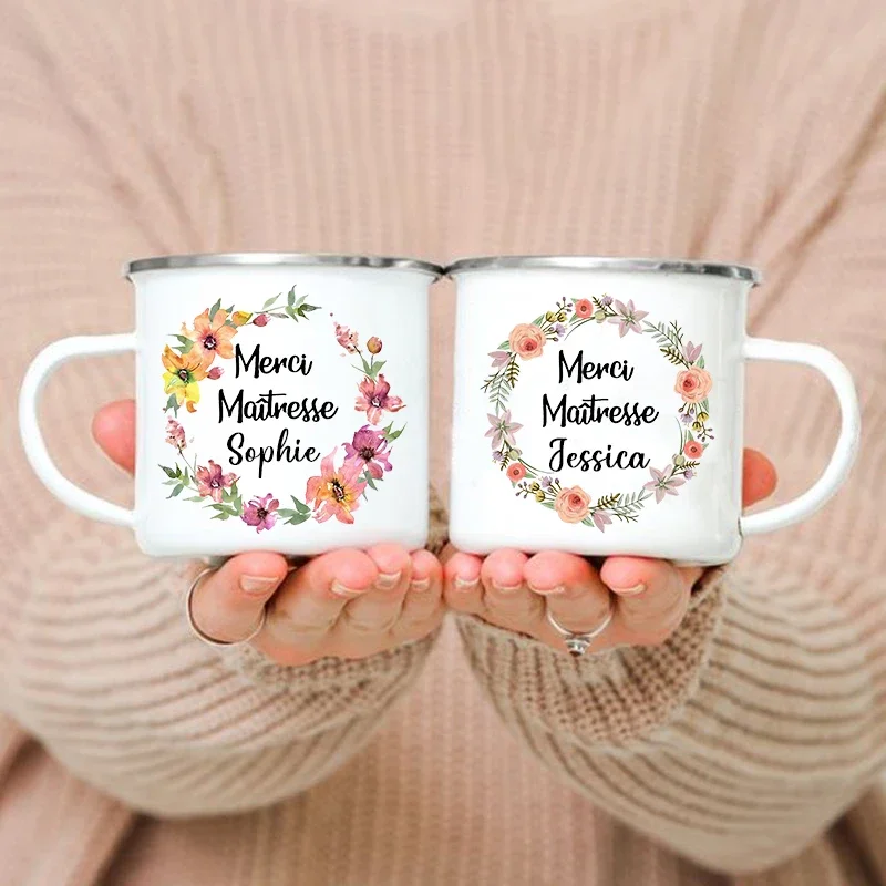 맞춤형 이름 프랑스 프린트 머그잔, 커피 컵, 음료수 우유 컵, 에나멜 머그잔, 학교 가정 손잡이 음료용기, 교사 선물 
