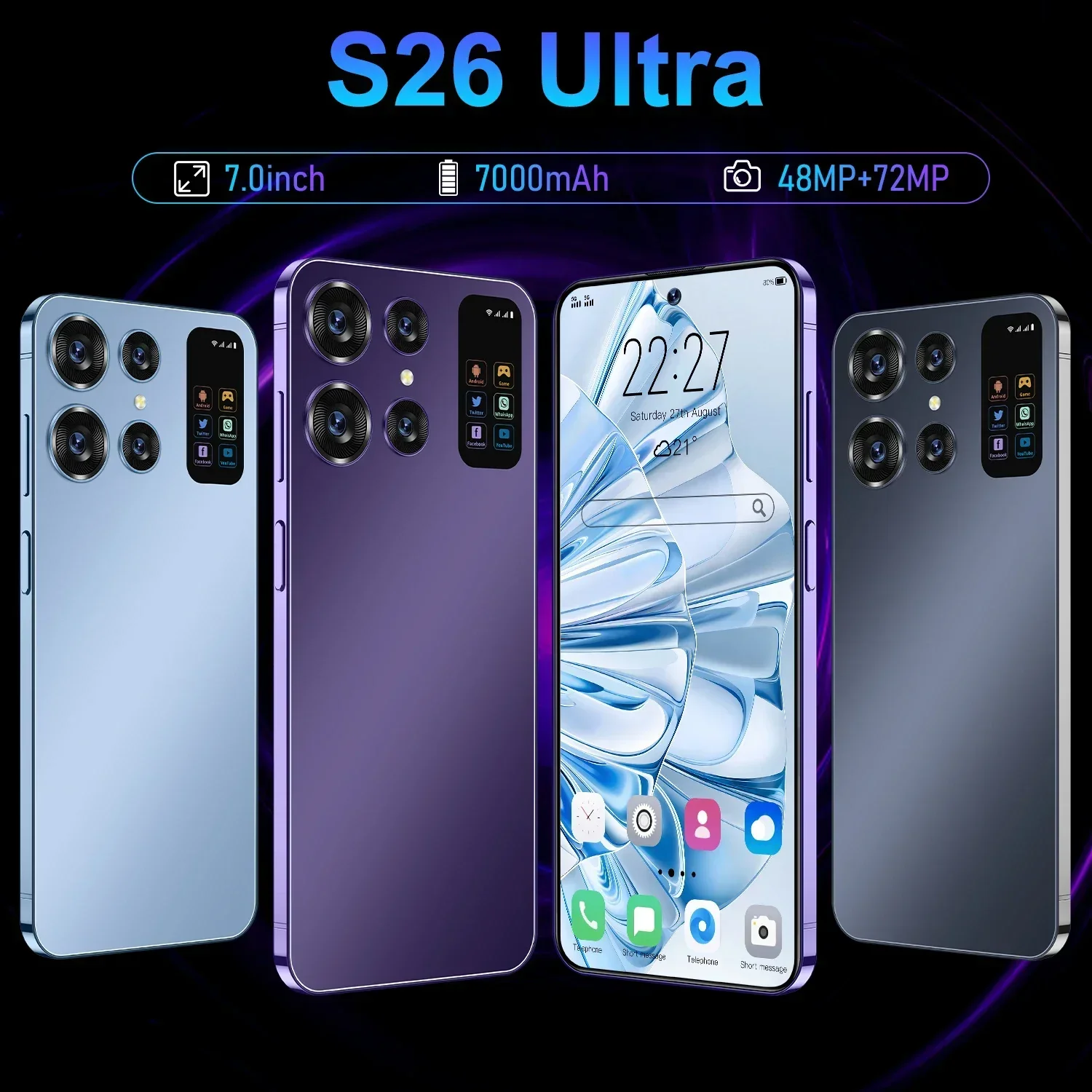 S26 Ultra 5G Smartphone, 16G + 1T, Dual SIM, Android 13, 48MP + 72MP, 7000mAh, Edição Global, Gaming Phone, Novo