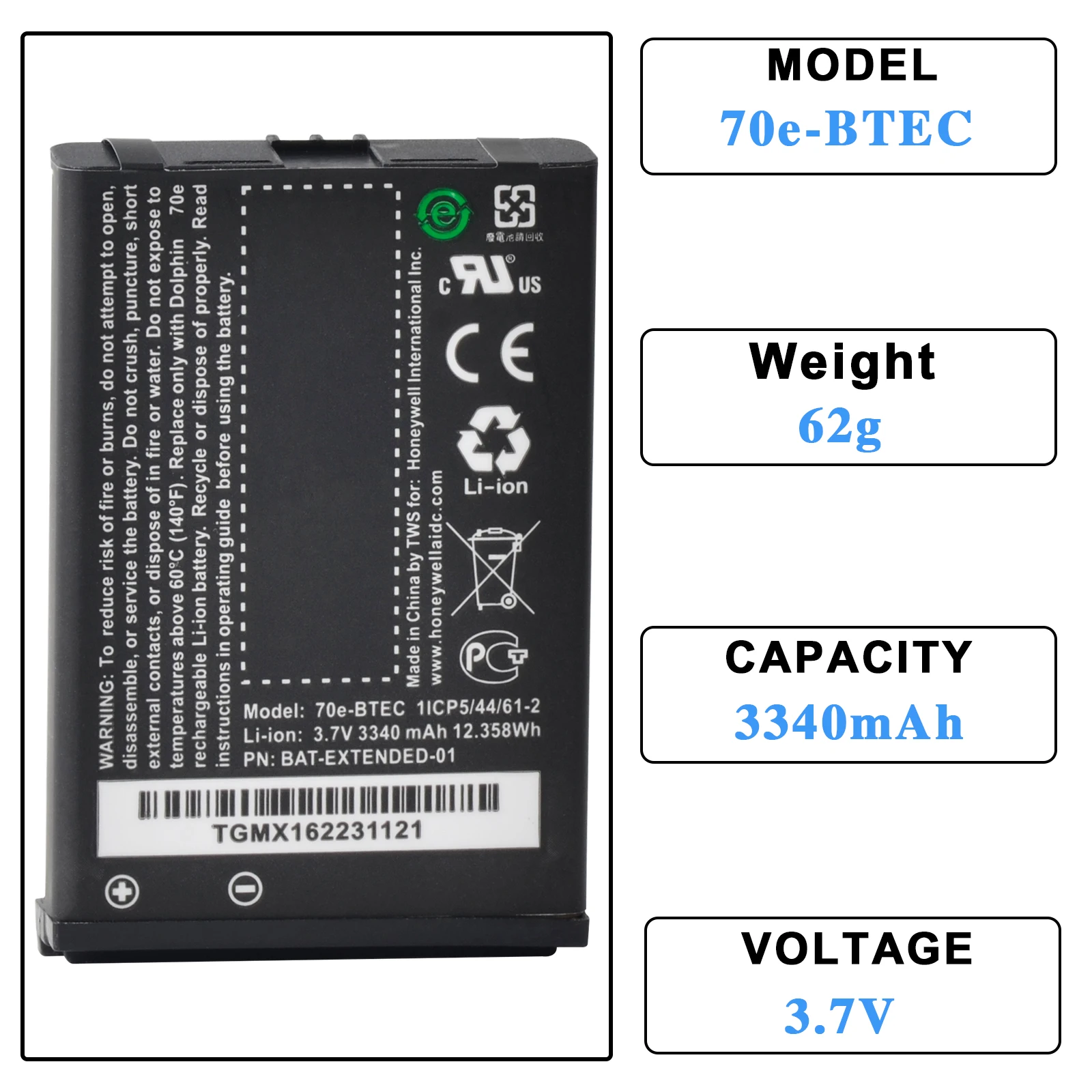 Batería de iones de litio 70e-BTEC 3340mAh, batería original BAT-EXTENDED-01 70EBTEC BTEC-A para Honeywell Dolphin 70e, 75e, 60s, 60E