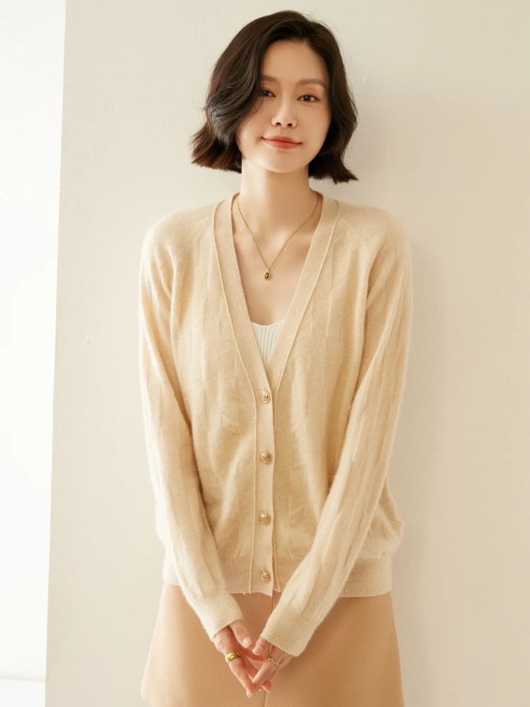 

V-Neck Cashmere Sweater Women's Autumn Winter 100% Cashmere Knitwear Casual Loose Button Clothing High Quality Grace Soft Tops