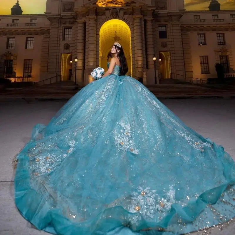 

Sea Blue Shiny Ball Gown Quinceanera Dresses Sequined Appliques Beading Crystal Tull Corset Sweet 16 Dress Vestidos De 15 Años